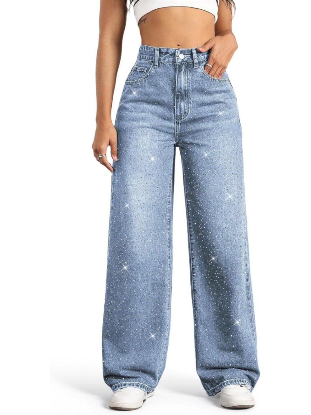 Women's Light Blue Bling Waisted Wide Denim Pant Baggy Trendy Straight Leg Jeans